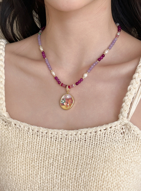紫色天然石串珠吊坠淡水珍珠项链
