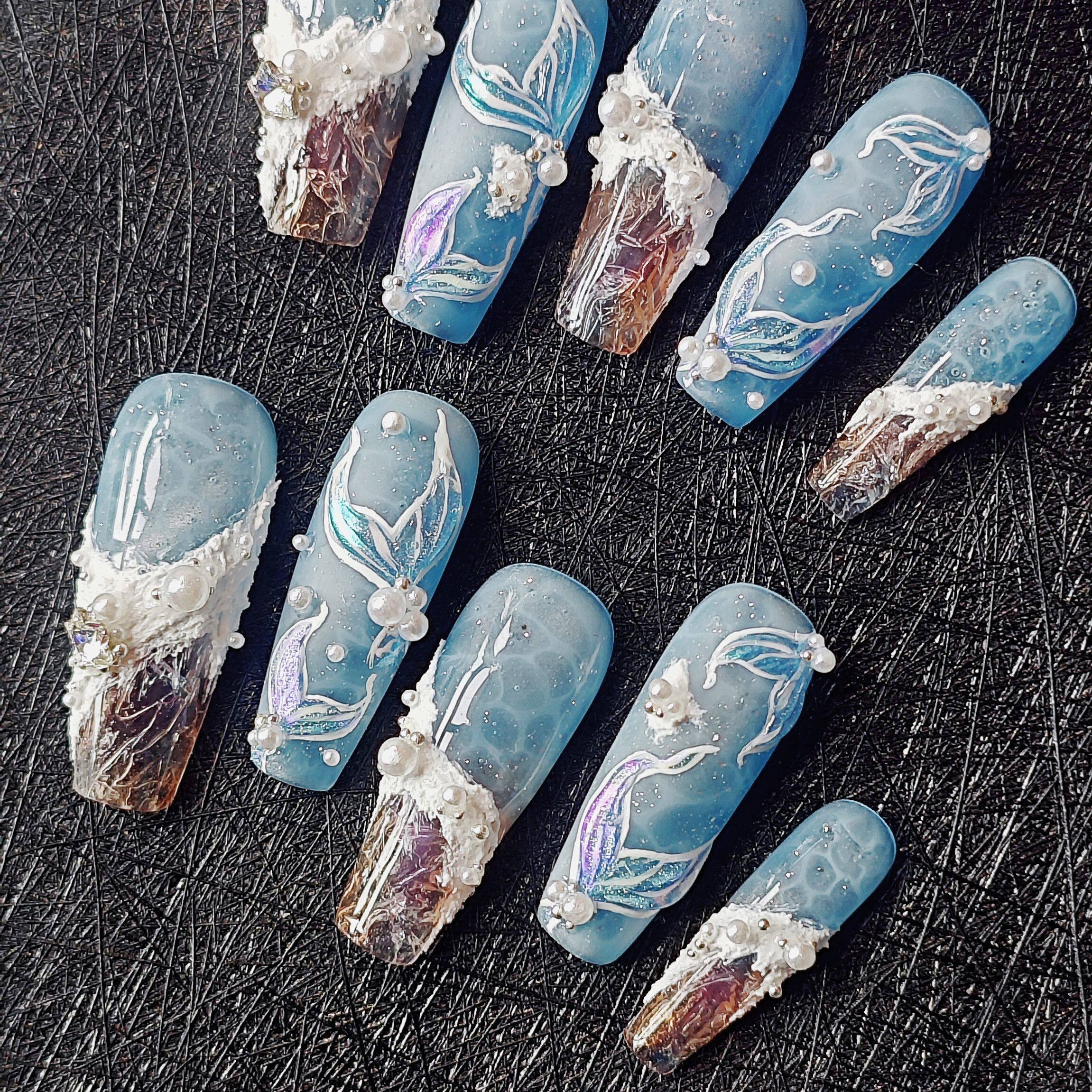 长款纯手工定制穿戴甲海洋世界美人鱼美甲高级轻奢假指甲贴片