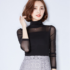 2021春装新款韩范长袖网纱打底衫女高领大码蕾丝修身t恤上衣小衫