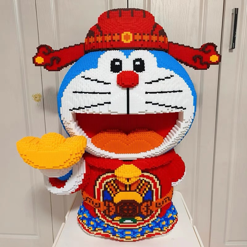 正版授权蓝胖子哆啦A梦财神拼装积木男女生日礼物益智玩具拼图diy