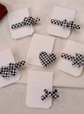 黑白棋盘格蝴蝶结爱心发夹韩系格纹小熊发卡少年侧边碎发刘海夹