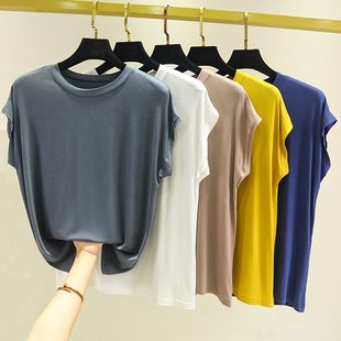 纯色打底衫 宽松t恤女2020夏季 上衣大码 莫代尔圆领白色短袖 女 新款