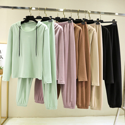 2021秋冬款德绒连帽卫衣女加绒加厚宽松衫打底套装大码绒帽双面衫