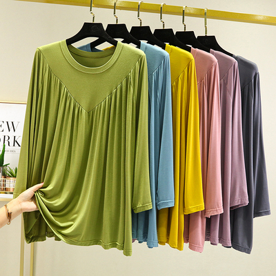 睡衣女长袖春秋2021年新款大码t恤莫代尔休闲宽松上衣单件家居服