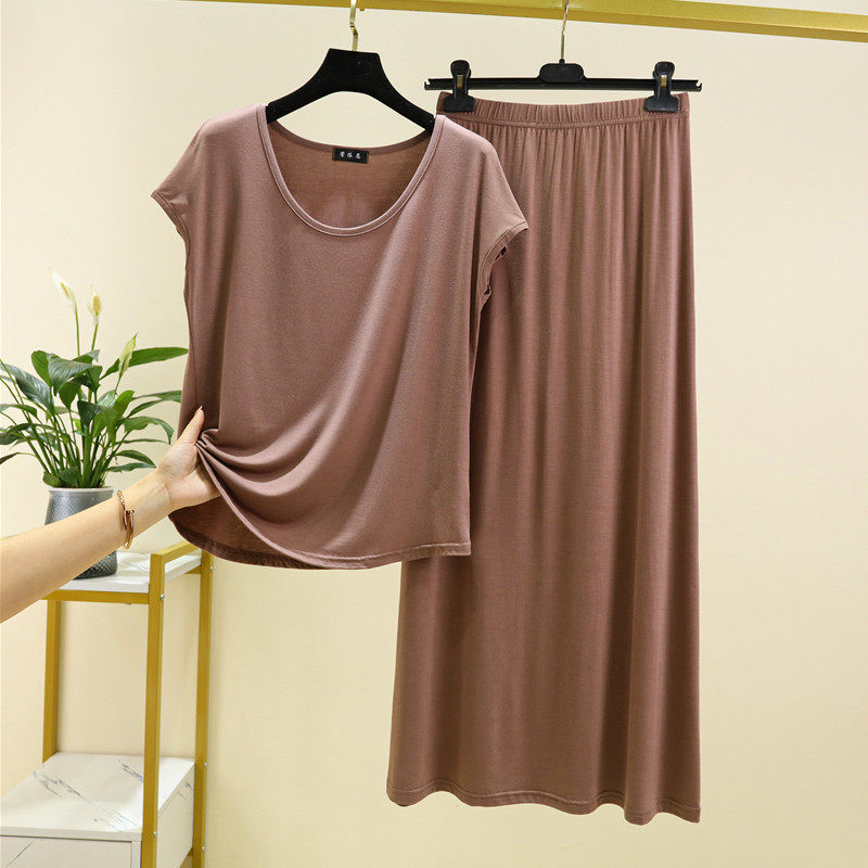 莫代尔夏季女两件套薄款T恤半身裙家居服睡衣套装可外穿休闲百搭