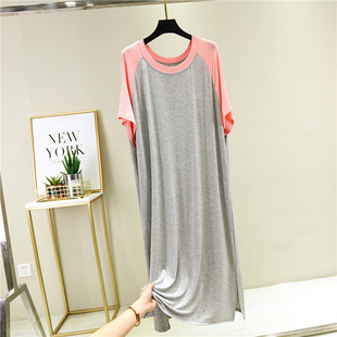 休闲宽松打底撞色长裙 T恤女开叉莫代尔连衣裙短袖 2020夏装 中长款