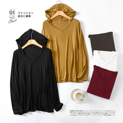 春秋薄款纯棉长袖T恤女打底衫夏季连帽防晒外套上衣百搭纯色宽松