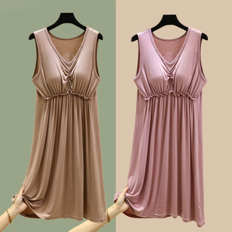 睡裙女夏薄款莫代尔带胸垫家居服连衣裙宽松v领可外穿睡衣背心裙