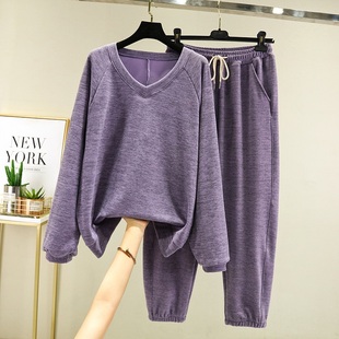 女 加绒加厚系带阔腿裤 德绒磨毛绒发热情侣款 V领休闲宽松卫衣套装