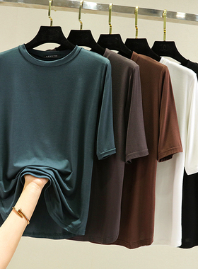 莫代尔五分袖圆领T恤女夏薄款外穿上衣百搭黑白色中袖大码打底衫