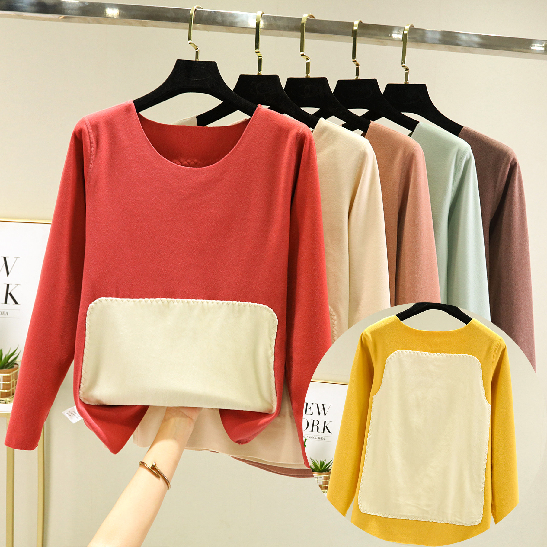 德绒磨毛绒贴片加护保暖T恤女加绒加厚长袖打底衫双面绒护腰秋衣