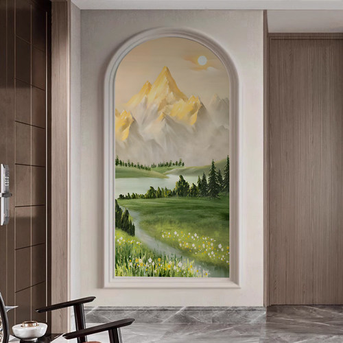 法式弧形玄关壁布壁画日照金山拱形墙布柜子装饰画背景墙聚宝盆3d