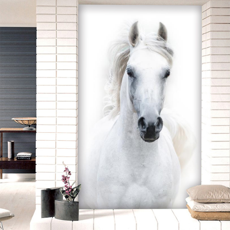现代玄关白色骏马背景墙装饰画壁纸走廊入户过道客厅竖版壁画墙布图片