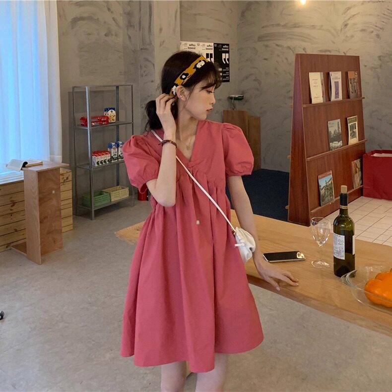 夏季西瓜红孕妇连衣裙小个子2025时尚V领孕妇裙洋气减龄孕妇夏装