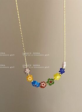 彩色琉璃花朵串珠项链女夏甜美