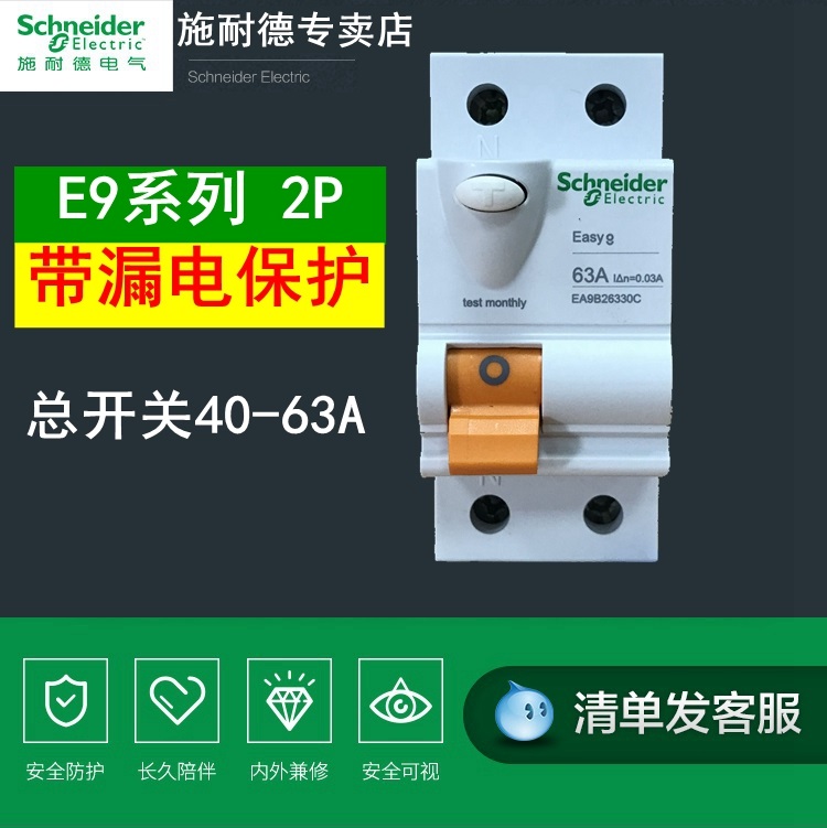 施耐德漏电保护器空气开关 E9 占二位一体断路器 2P63 超薄 A 安