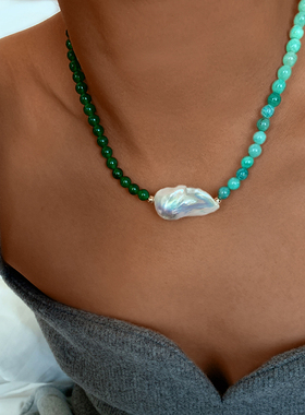 绿色串珠项链女高级设计感小众 民族风气质巴洛克珍珠吊坠锁骨链