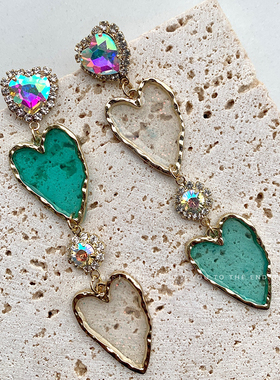 绿色爱心水晶丢了一只不对称耳环复古港风耳坠流苏高级感圆脸耳饰