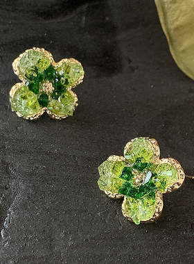 渐变薄荷绿色 花朵耳钉祖母绿水晶花卉耳环女 森系小清新耳饰