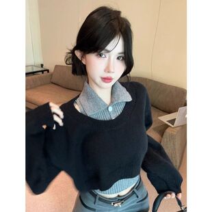 学院风Polo领毛衣女秋冬针织衫短款上衣叠穿吊带背心两件套百搭