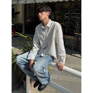 春秋泡泡纱条纹衬衫男正肩长袖衬衣美式cleanfit薄款外套C822P45图片