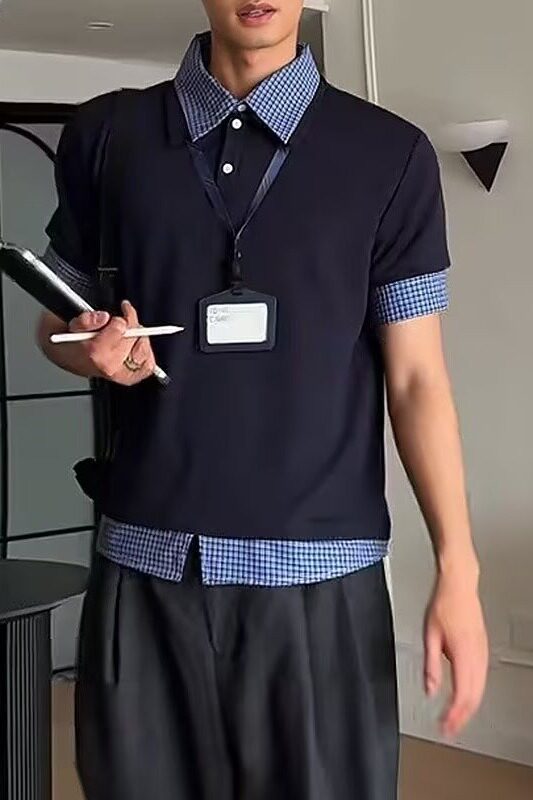 美式假两件格纹POLO短袖女男夏复古学院风宽松休闲百搭T恤T02P38,商品下架区,星座1013-3