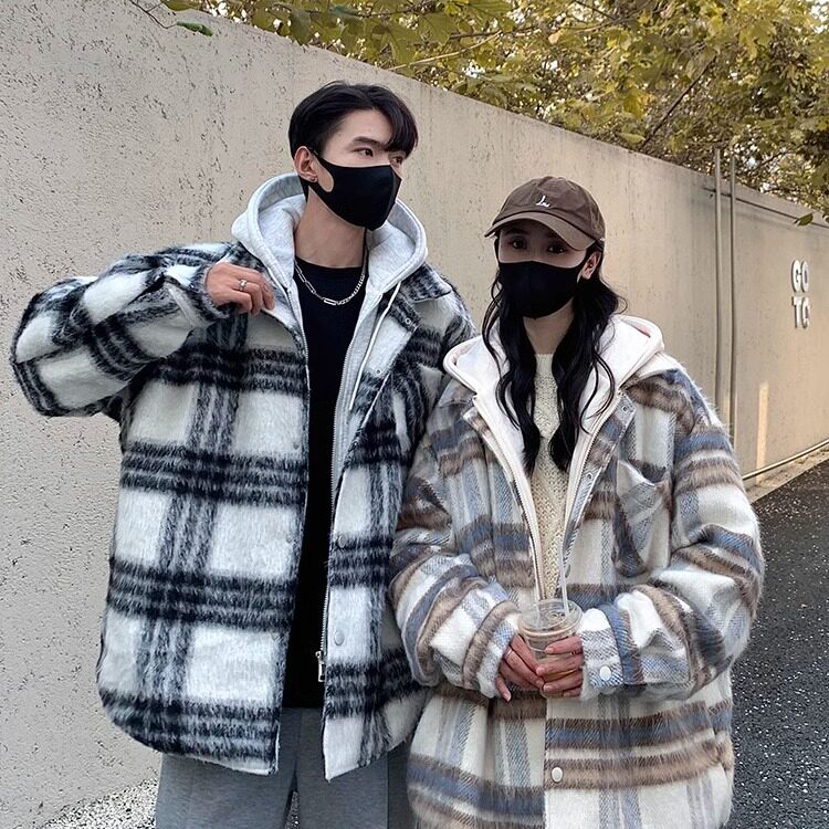 假两件格纹外套男款秋冬季潮加厚保暖复古毛呢连帽棉衣F736P88,男装毛呢大衣,星座1013-3