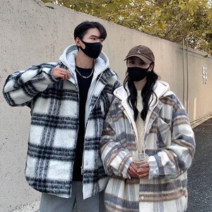 假两件格纹外套男款秋冬季潮加厚保暖复古毛呢连帽棉衣F736P88图片