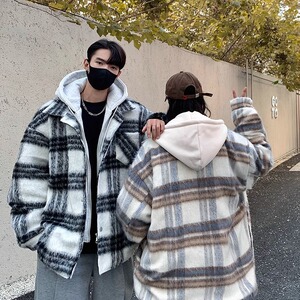 假两件格纹外套男款秋冬季潮加厚保暖复古毛呢连帽棉衣F736P88图片