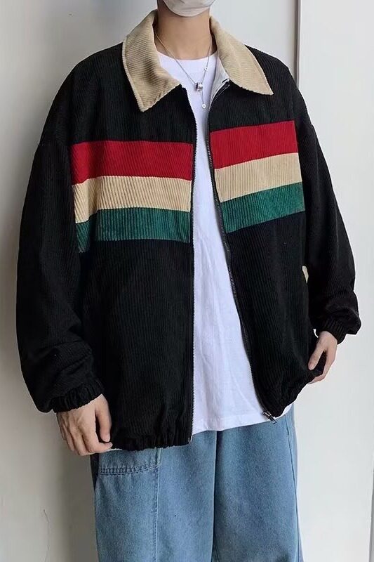 复古撞色拼接设计感长袖polo衫男秋季宽松痞帅潮牌休闲上衣W46P60图片