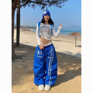 春秋双腰头字母印花弯刀阔腿慵懒风百搭男女街头休闲长裤K8132P48，女装休闲裤，星座1013-3