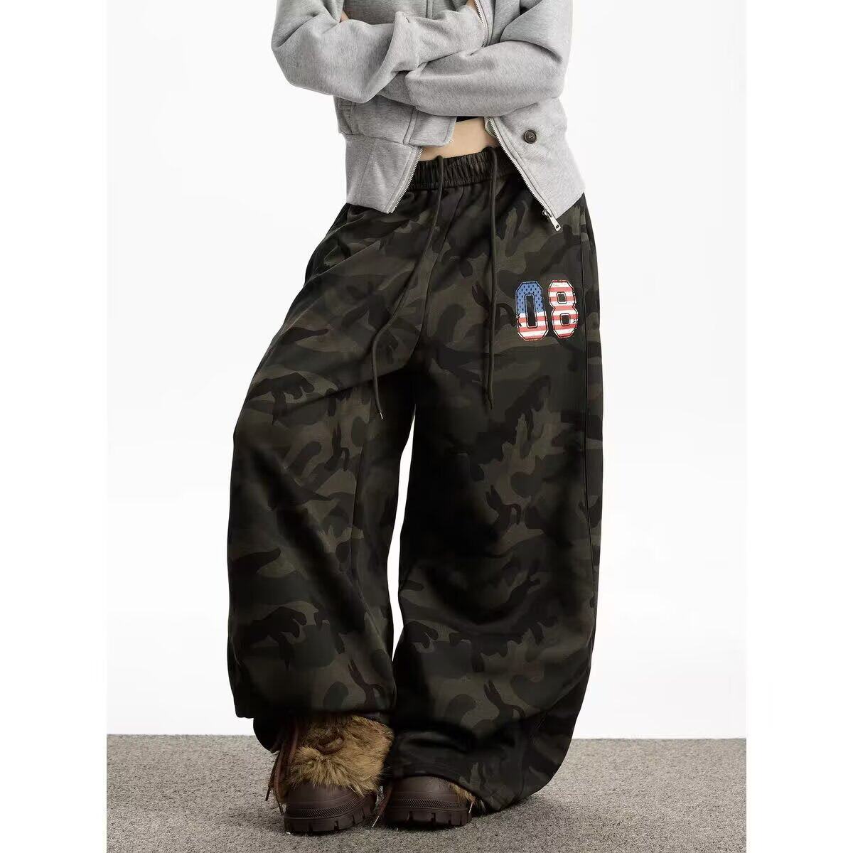 美式高街阔腿迷彩牛仔裤女高腰垂感显瘦宽松直筒拖地裤K8107P55，女装休闲裤，星座1013-3