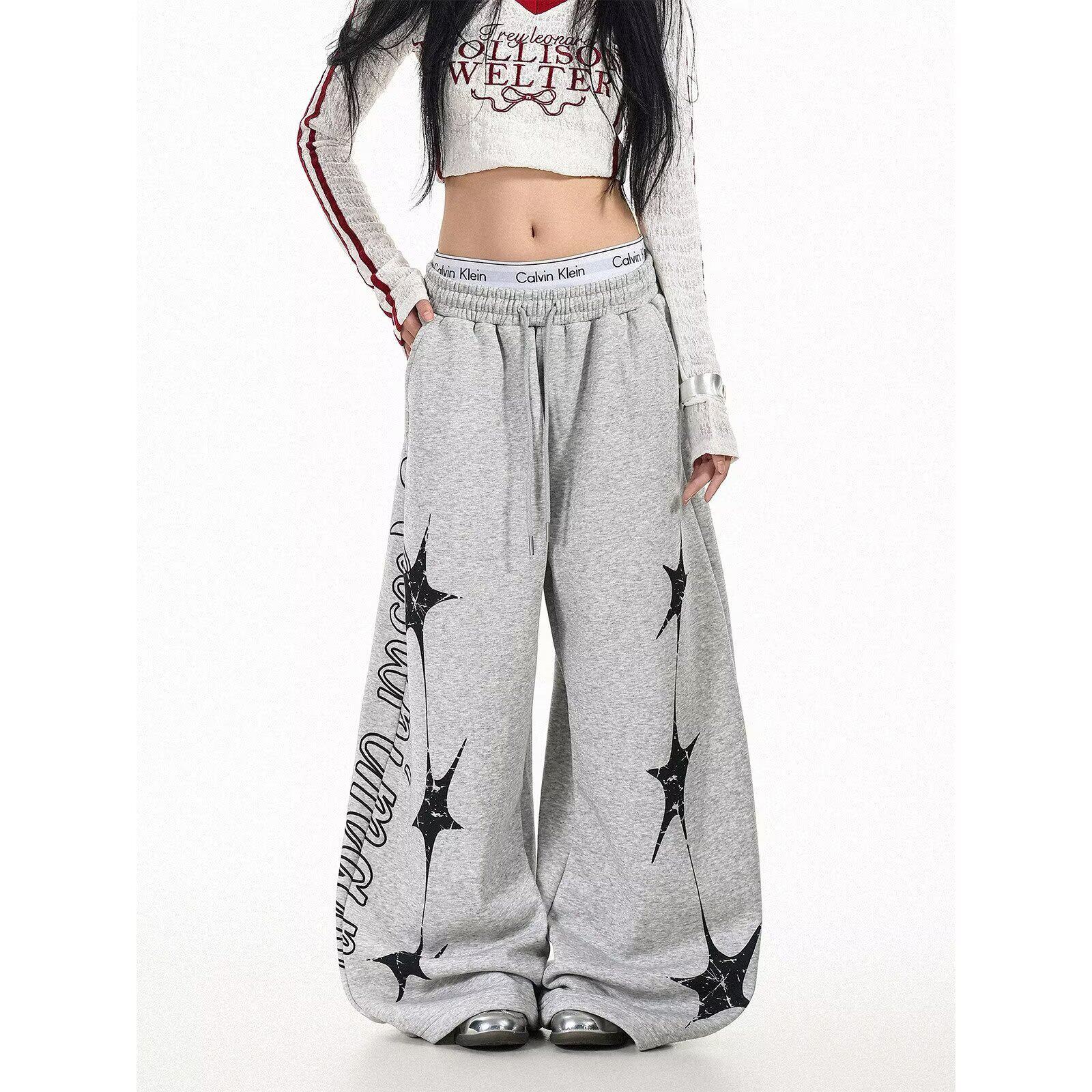 慵懒风星星印花弯刀卫裤女设计感小众宽松阔腿爵士舞裤子K8108P50，女装休闲裤，星座1013-3