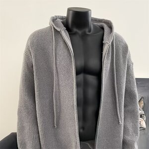 秋冬款加厚毛衣外套时尚宽松连帽开叉坑条针织开衫上衣女M6512P60图片