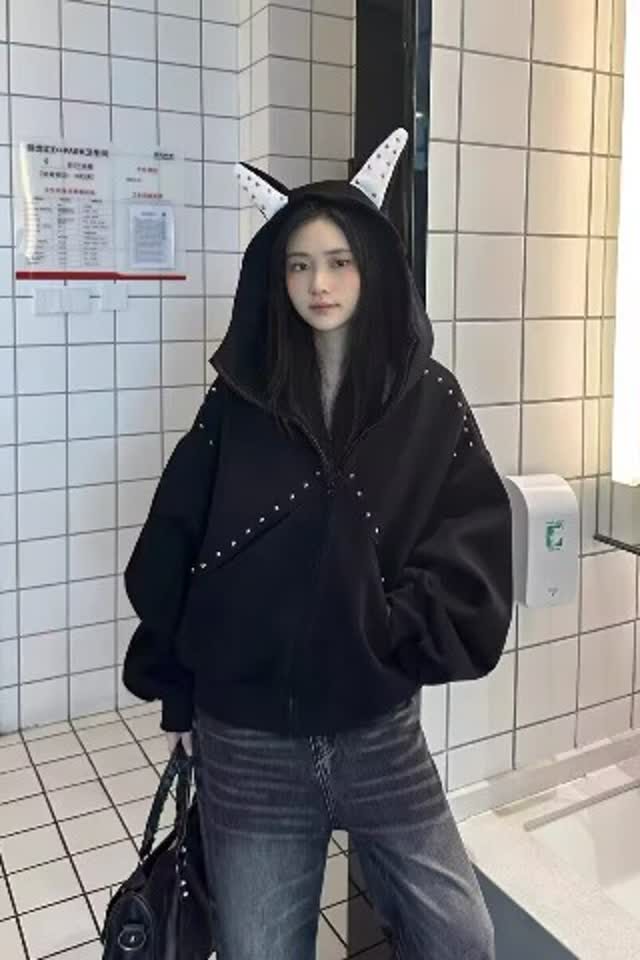 开衫连帽卫衣女春秋薄款美式复古小众设计感原创拉链外套W51P60，女装卫衣/绒衫，星座1013-3