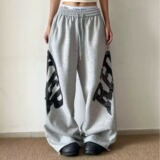 复古做旧字母印花抽绳情侣弯刀卫裤宽松爵士舞显瘦阔腿裤K8110P50，男装休闲裤，星座1013-3