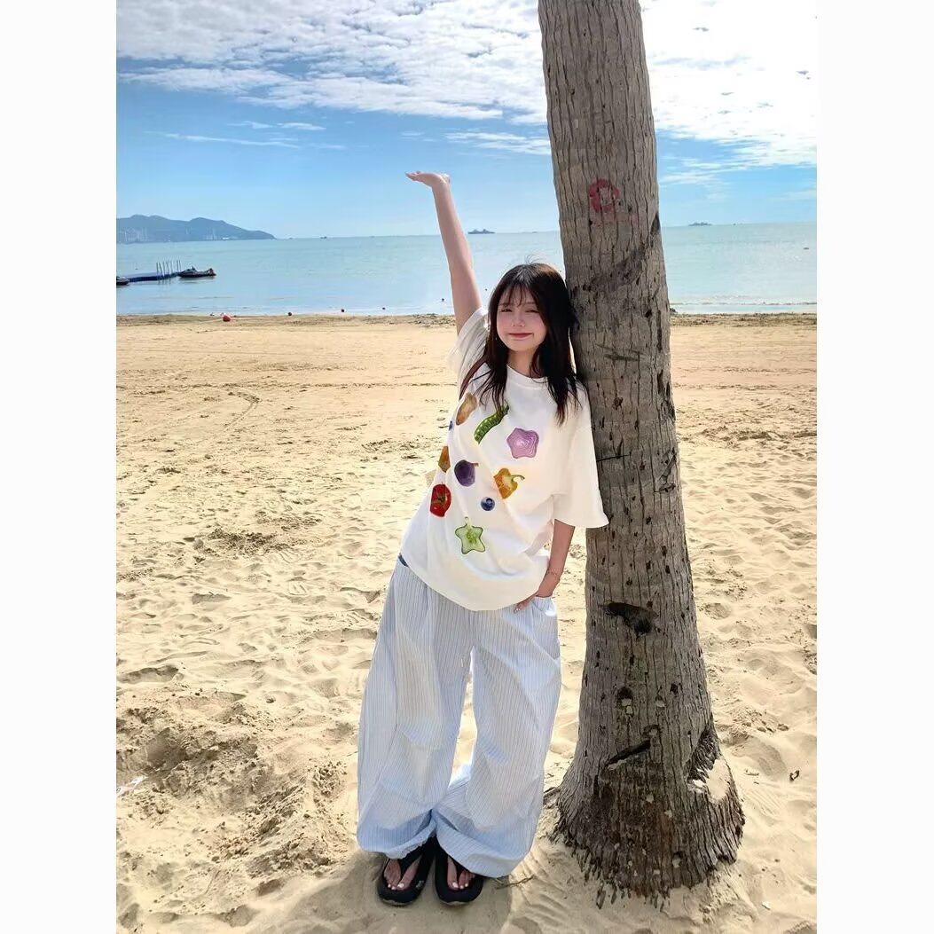 蓝色条纹阔腿裤女夏天褶皱松紧腰显瘦慵懒宽松直筒休闲裤K8128P55,女装休闲裤,星座1013-3