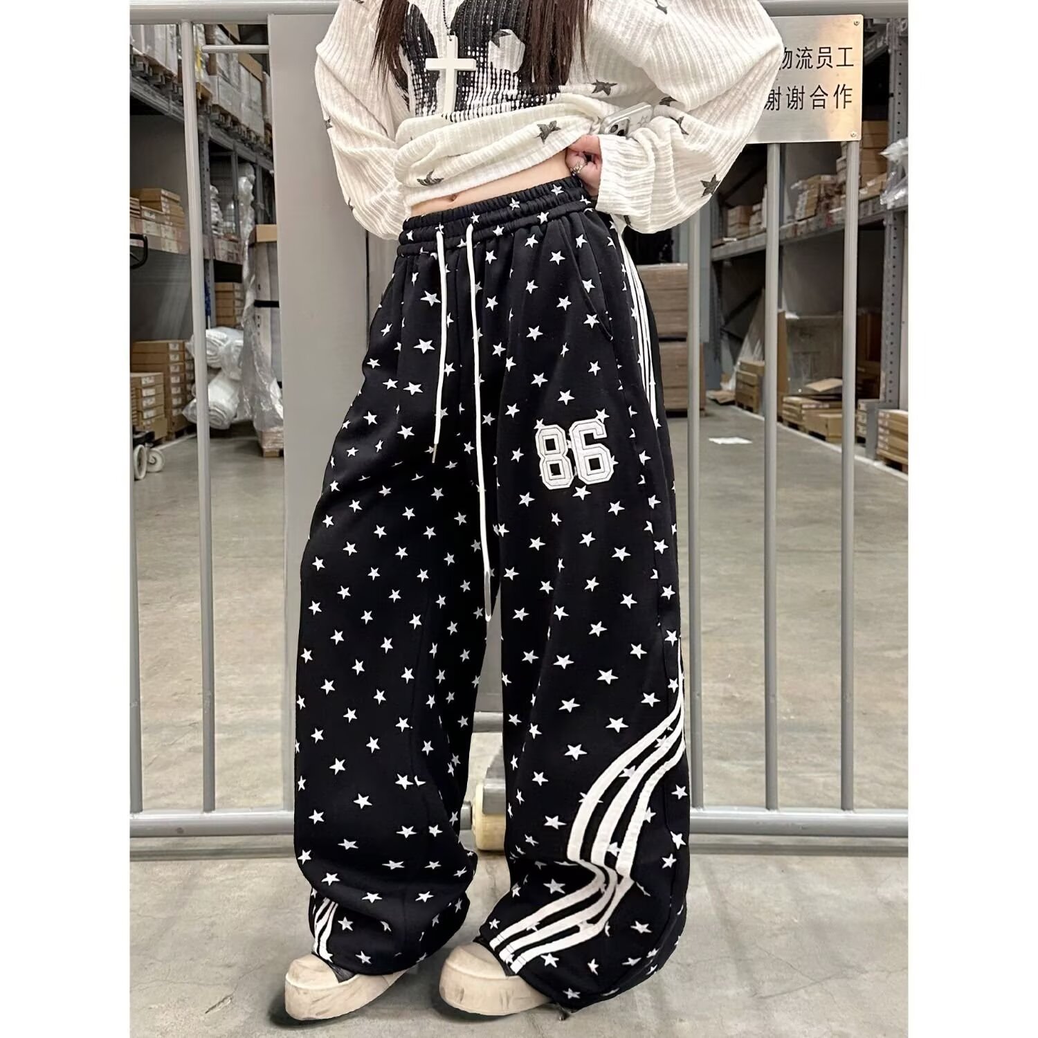 复古星星满印微喇裤韩系显瘦直筒裤拖地百搭休闲裤K8154P48,女装休闲裤,星座1013-3