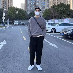 休闲ing宽松简约毛衣男女潮流情侣装圆领套头针织衫秋冬M21P55图片