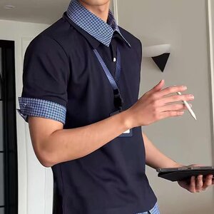 美式假两件格纹POLO短袖女男夏复古学院风宽松休闲百搭T恤T02P38图片