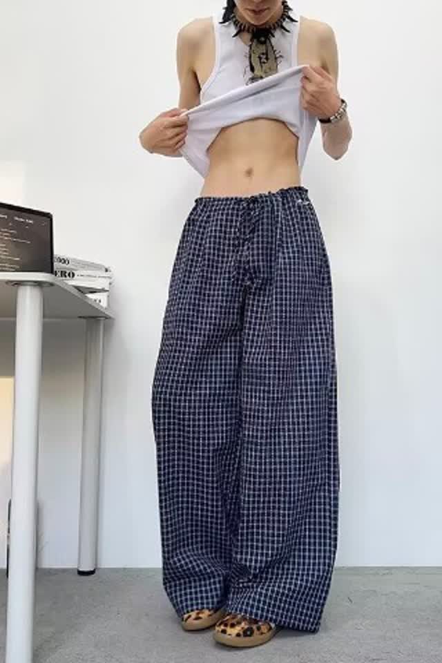 格子裤男女夏季新款高腰显瘦长裤直筒垂感拖地慵懒阔腿裤K8039P45图片