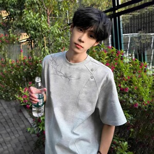 美式荆棘刺绣短袖T恤男夏季灰色拼接设计感重磅正肩上衣T802P28图片