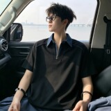 假两件短袖男款POLO衫夏解构拼接正肩半袖青少年半拉炼T恤T391P38，男装Polo衫，星座1013-3