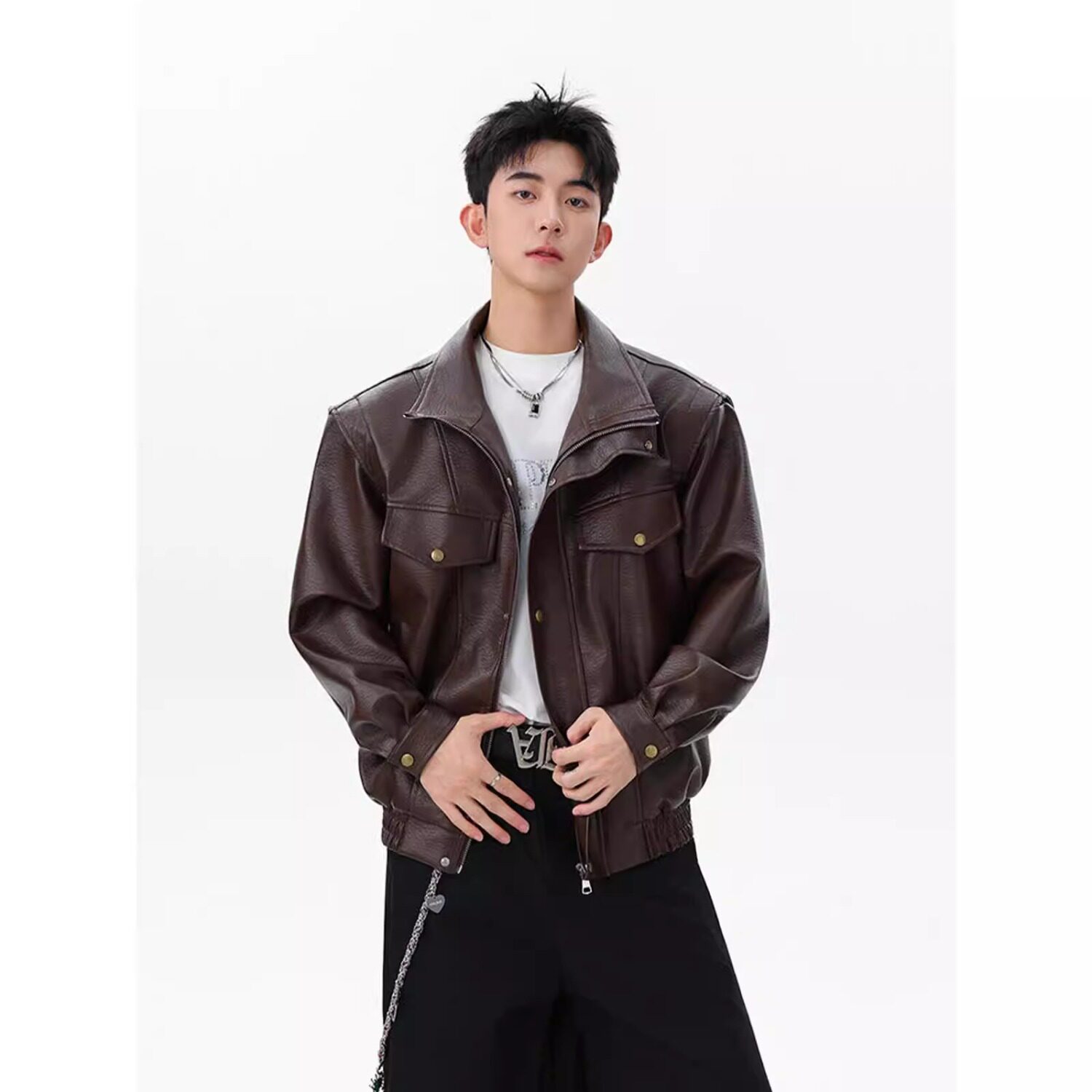 高街机车服皮夹克外套男宽松休闲防风痞帅短款立领pu皮衣PY804P65，男装皮衣，星座1013-3