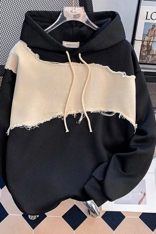 美式高街慵懒风撞色拼接卫衣男女春季潮复古连帽外套W255P45，男装卫衣，星座1013-3