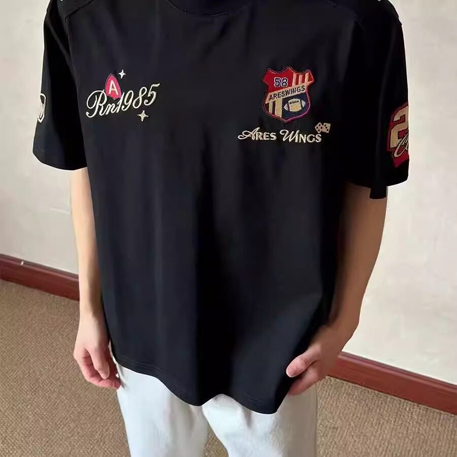 夏季美式刺绣徽章重磅纯棉正肩短袖男女款半袖上衣百搭t恤T871P33，男装T恤，星座1013-3