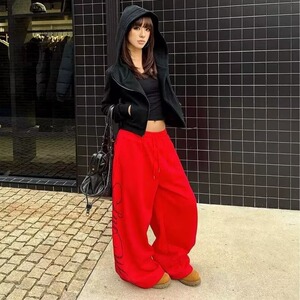 美式高街字母烫钻休闲卫裤女春季新款宽松垂感阔腿运动裤K8112P58图片