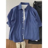 夏网红翻领细格子衬衫男短袖外套薄款透气美式炸街个性T恤C825P35，男装衬衫，星座1013-3