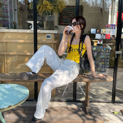 SYMOCOLOR 美式复古吊带背心女夏季字母印花短款辣妹外穿打底上衣