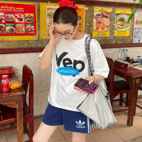 SYMOCOLOR 夏季新款圆领宽松T恤女印花字母显瘦百搭凉感上衣短袖
